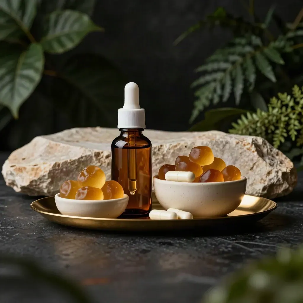 Amber CBD tincture, gummies and capsules on a gold tray with cream stone and dark greenery.