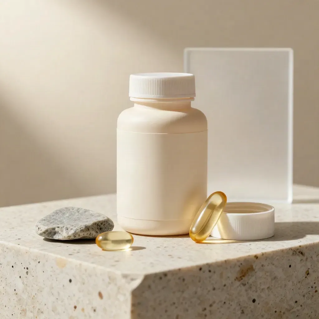 Matt cream CBD sleep softgels bottle with capsules on travertine, low-angle hero still life