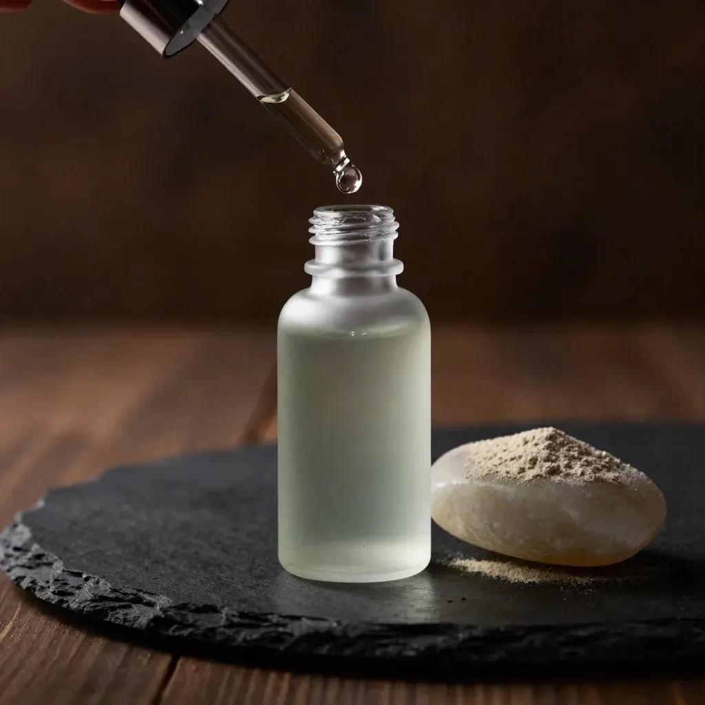 Frosted mint tincture bottle with dropper bead and stone scoop on matte-black slate.