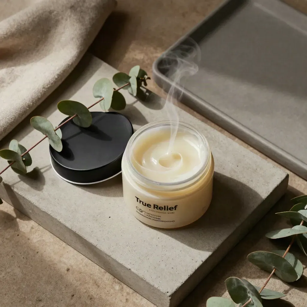 Overhead balm jar flatlay with eucalyptus, linen, matte tray, and soft steam