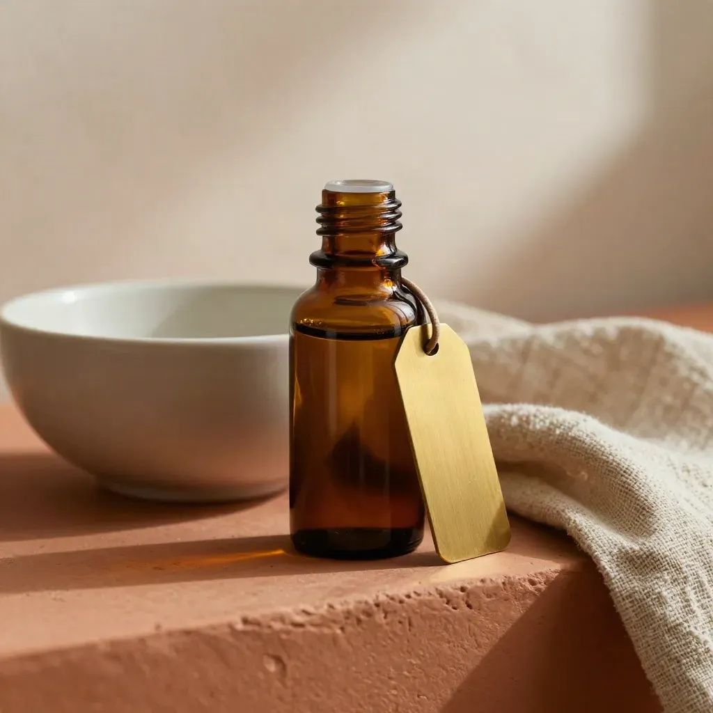 Amber pet calm oil bottle beside a ceramic bowl, brass tag, and oat linen on terracotta clay.