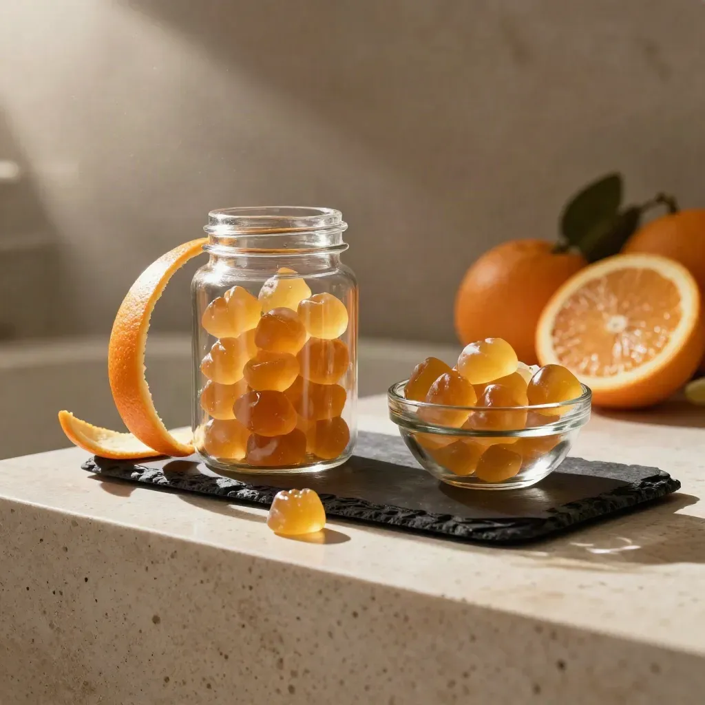 Citrus gummies jar with orange curls and a glass bowl on a creamy stone shelf.