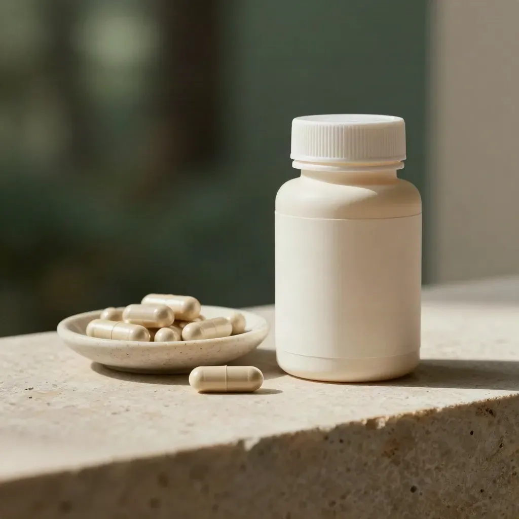 CBD capsules bottle with stone dish and one upright capsule on a calm studio plinth.