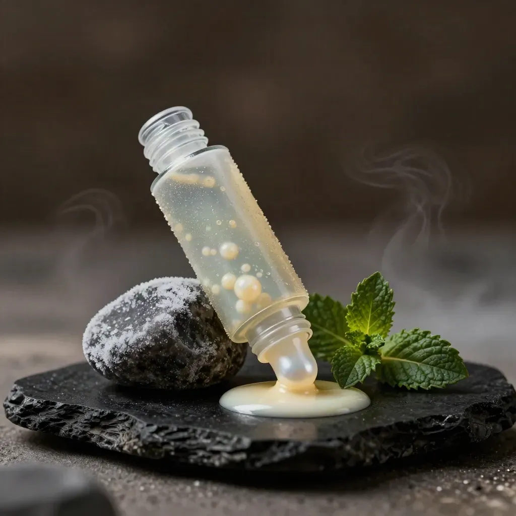 Cooling roll-on gel tube with mint leaf, frost pebble and condensation on matte black.