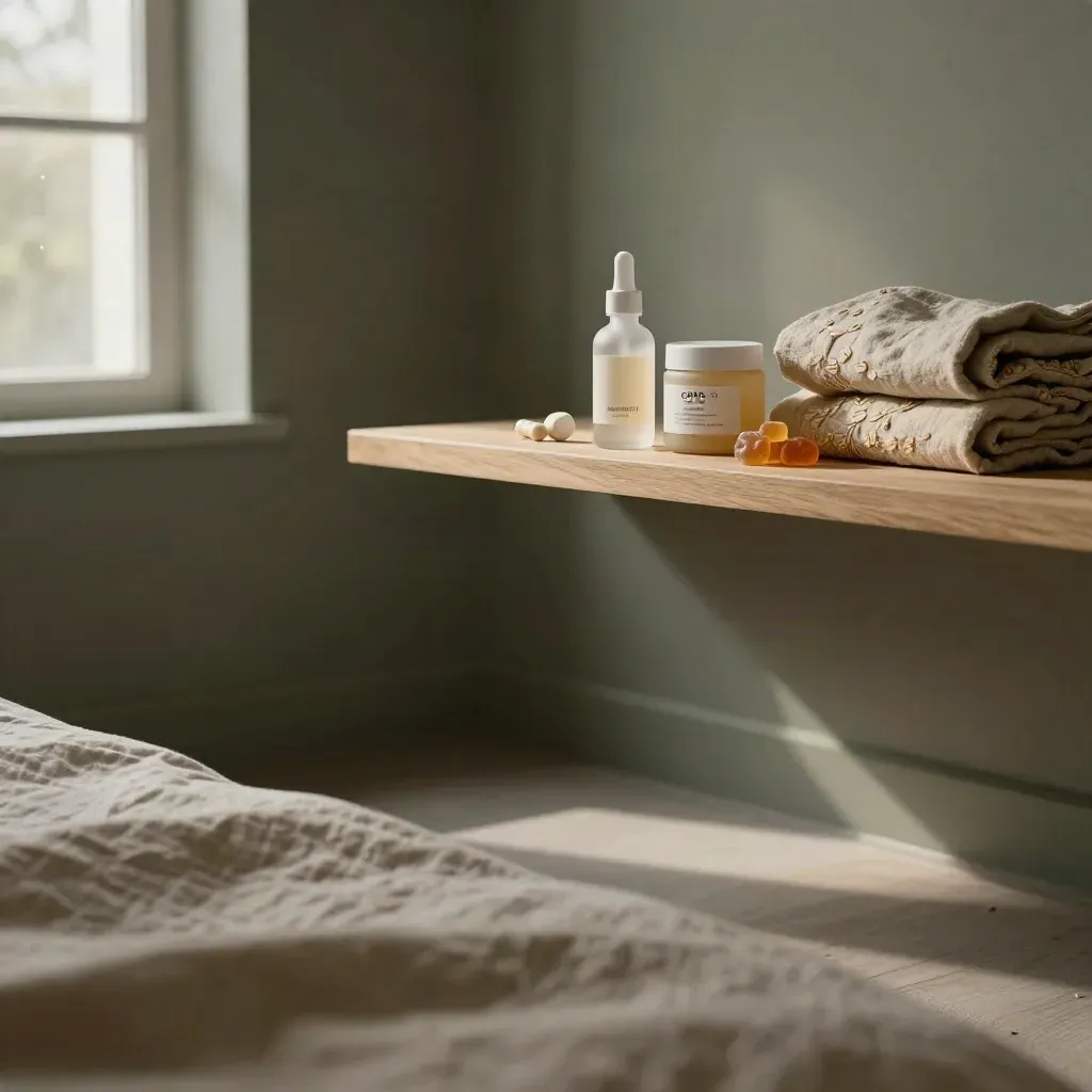 Serene bedroom shelf with CBD bottles, folded bedding and soft rain-lit window glow.