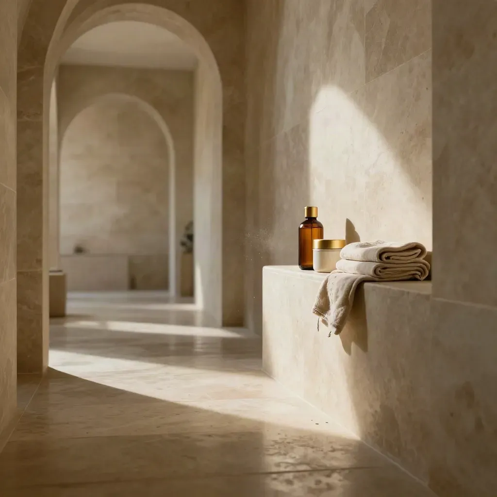 Pale stone spa corridor with arch, reflective floor, and amber topical products in noon light.