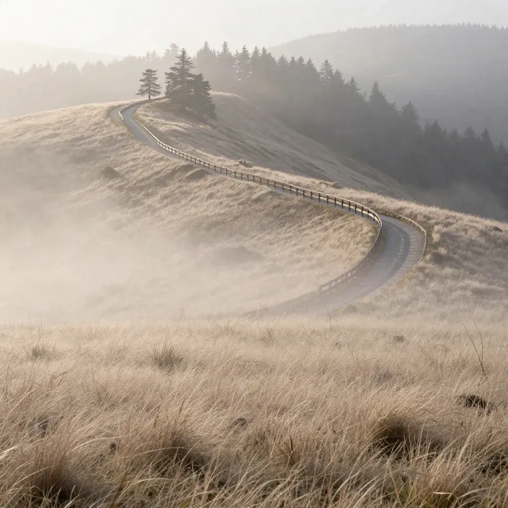 Misty cedar hillside path with wooden rail, meadow grass and foggy open space for copy.