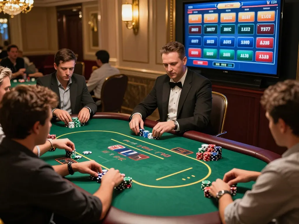 KJC players engaged in a dynamic online poker game, showcasing stacks of chips and a luxurious gaming interface in a sophisticated setting.