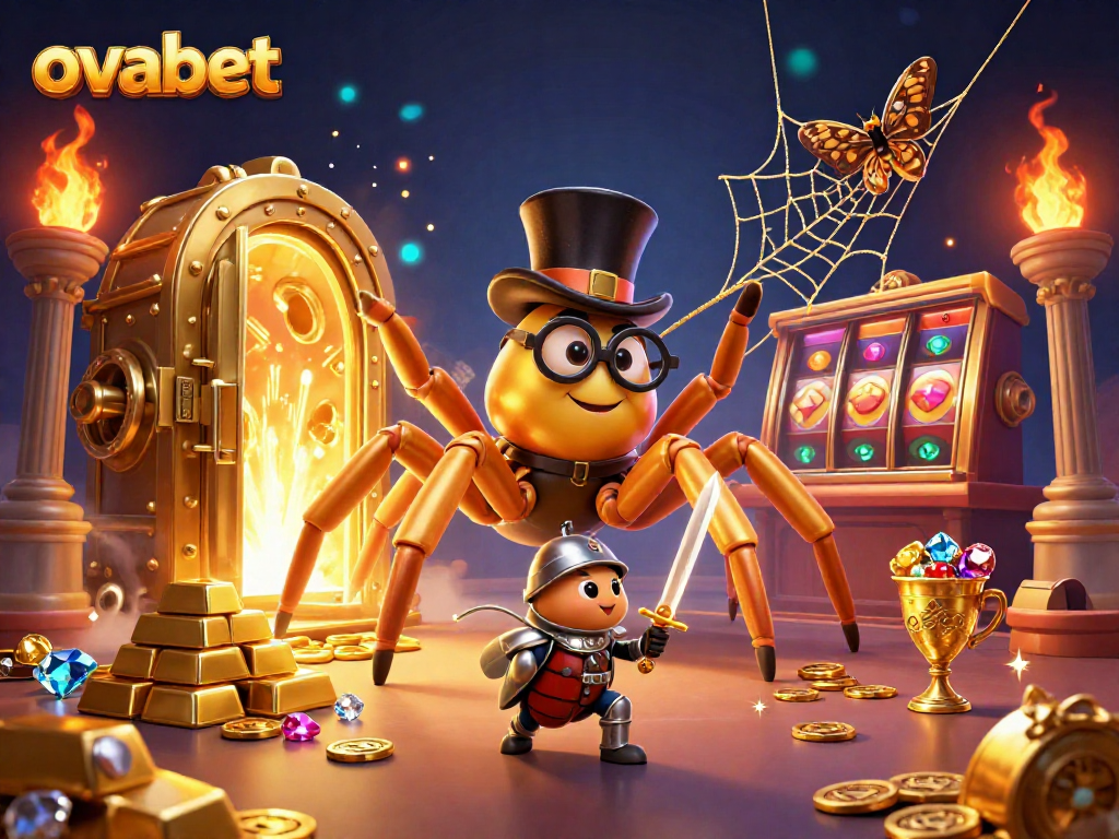 ovabet illuminates a vibrant casino scene with a golden tarantula and beetle knight amid treasures.