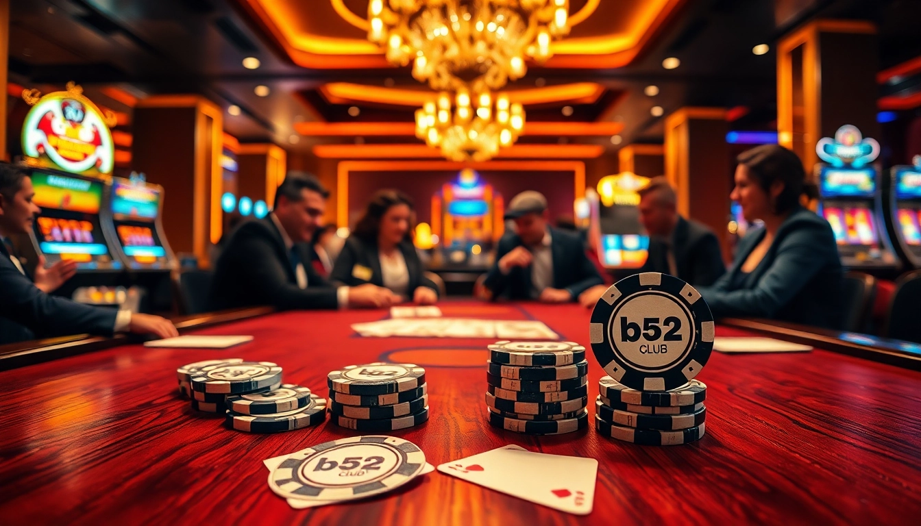 Players enjoying poker at the b52club, amidst exciting casino visuals and vibrant chips.