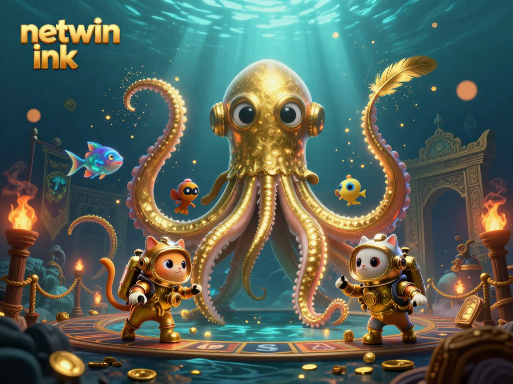 Experience excitement and adventure with netwin ink featuring a colossal kraken and treasures in a vibrant digital casino scene.