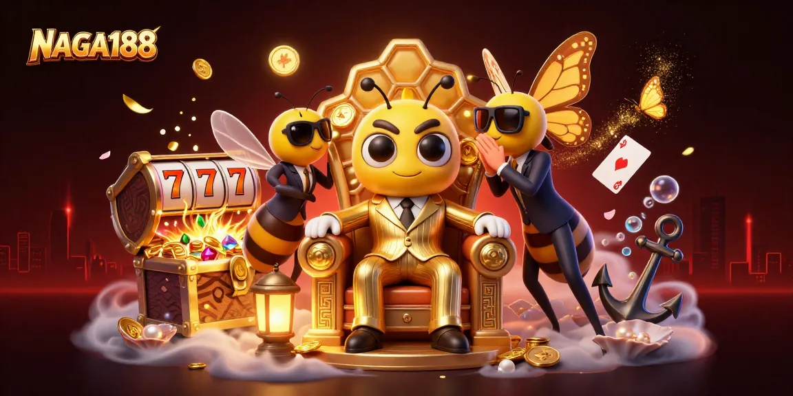 NAGA188 menampilkan ilustrasi kasino dengan bos lebah kartun dan elemen slot menarik