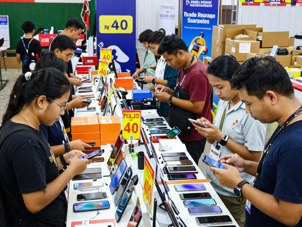 rokok 88 marketplace showcasing electronics with diverse shoppers negotiating prices