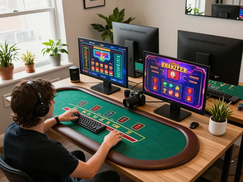 open88 player enjoying live dealer blackjack game in a stylish home setup with multiple screens