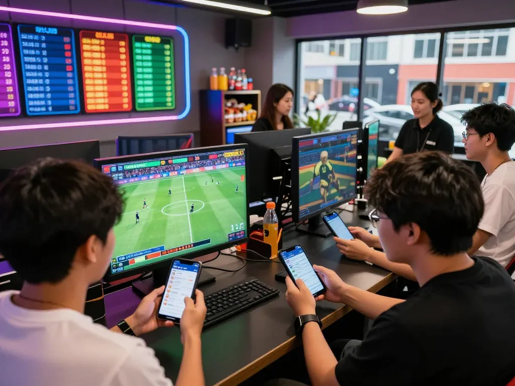 Exciting sports betting scene showing friends joyful while placing bets on xổ số hubet88 during a live soccer match.
