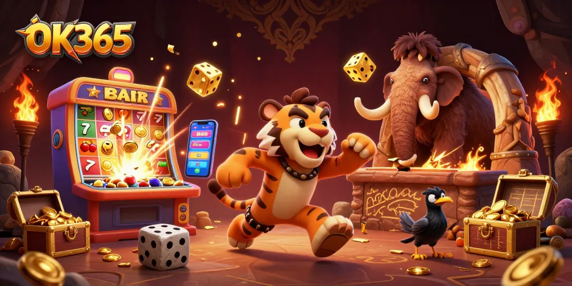 Experience the thrill of OK365 with a caveman casino scene filled with fun elements and exciting games.