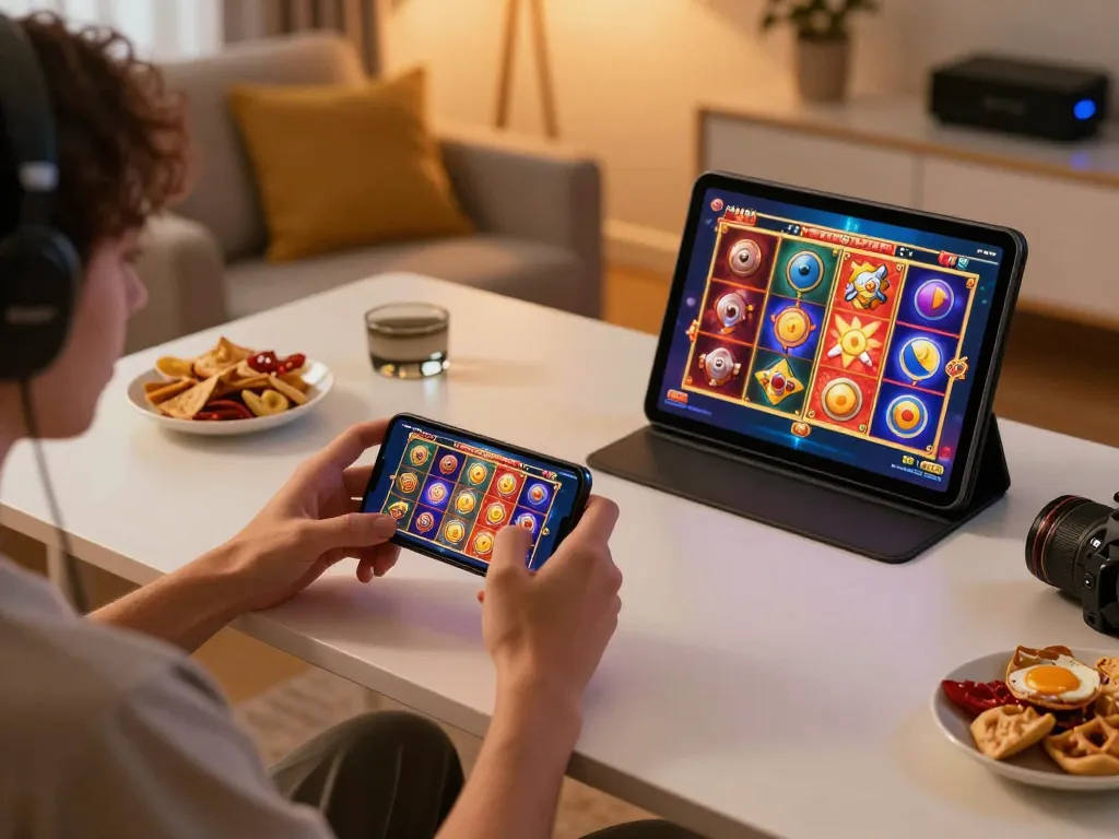 Engaging in slot 10 ribu gaming on mobile devices with vibrant displays and cozy home setup.