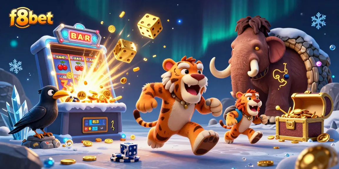 Experience thrilling gameplay at f8bet with a vibrant prehistoric casino atmosphere, featuring dynamic characters and rich visual elements.