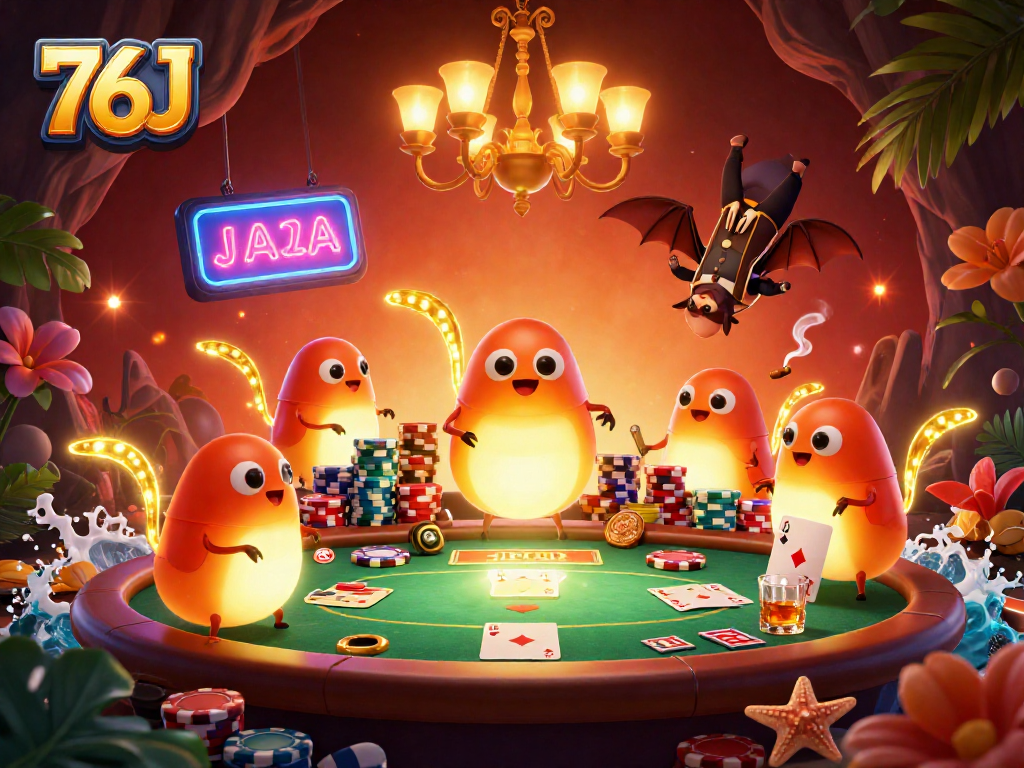 Ilustração 3D colorida do cassino 76J com glowworms e um dealer morcego.