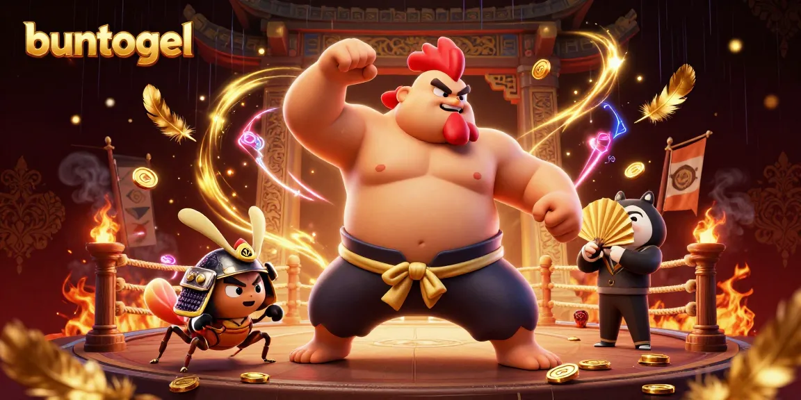 Engage in thrilling action with Buntogel, featuring a powerful sumo rooster, fierce cricket, and tanuki announcer in an exciting gambling scene.