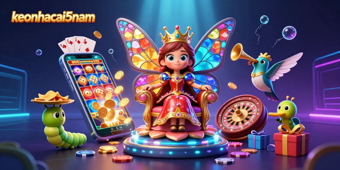Engage with keonhacai5nam in a vibrant casino scene featuring a butterfly queen and colorful gaming elements.