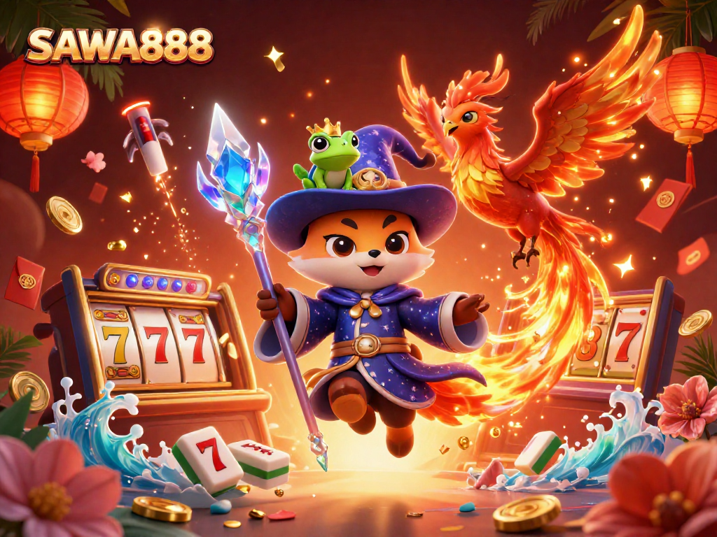 Experience the thrill of SAWA888's dynamic slots with a mystical fox and phoenix in action.