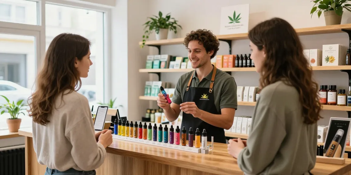 Experience top-quality THC vape cartridges for sale Europe in a welcoming cannabis dispensary, showcasing colorful products and expert assistance.