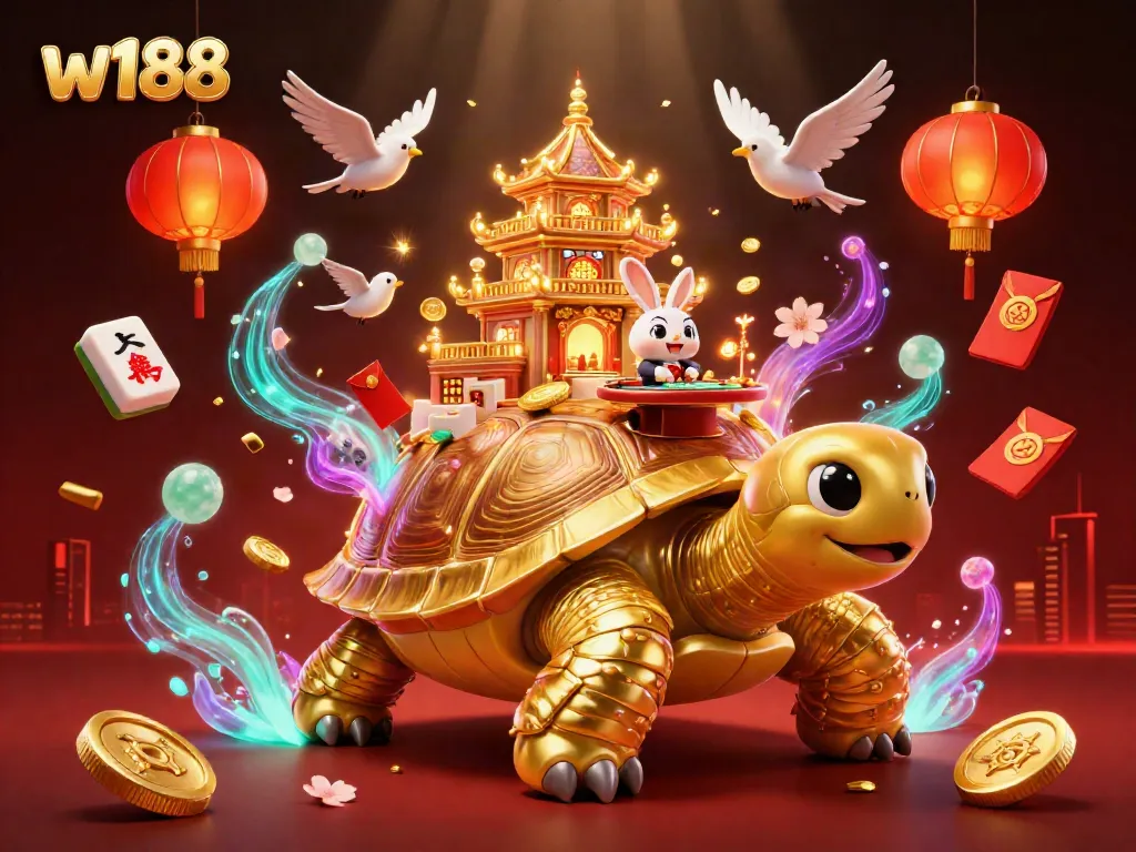 Experience winning strategies at w188 with a vibrant casino atmosphere featuring a tortoise, dealer, and golden coins.