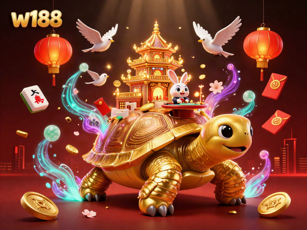 Experience winning strategies at w188 with a vibrant casino atmosphere featuring a tortoise, dealer, and golden coins.