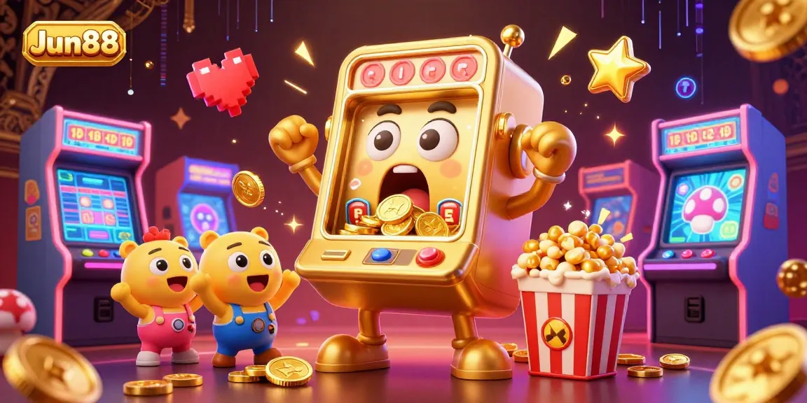 Jun88's golden slot machine celebrating a jackpot win with cheering junior slots amidst a vibrant casino scene.