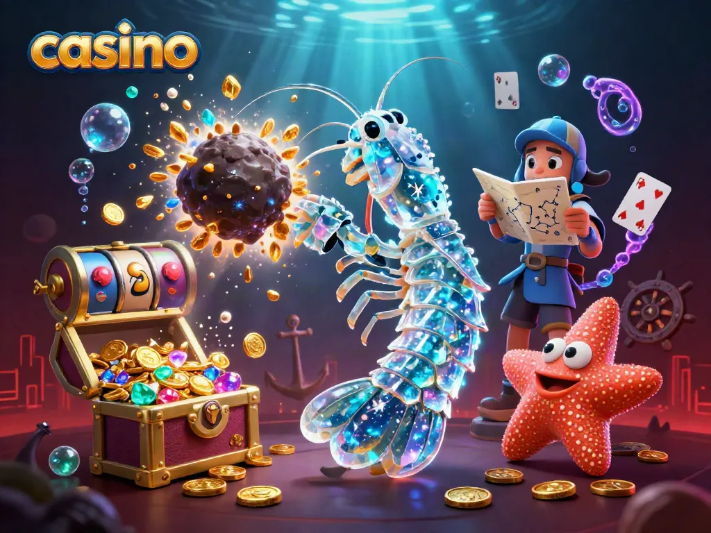 Experience casino excitement with 3D galactic characters surrounded by vibrant slot reels and treasure.