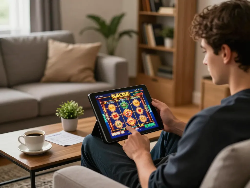 Engaged player enjoying a slot gacor game on tablet from home, surrounded by cozy atmosphere and strategic notes.