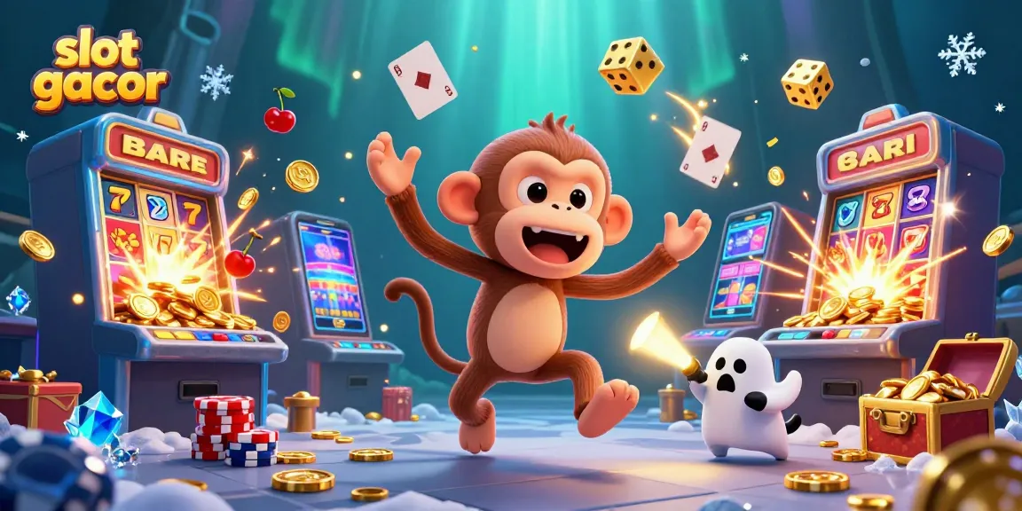 Experience thrilling wins with slot gacor as the mischievous poltergeist monkey juggles coins in a lively casino scene.