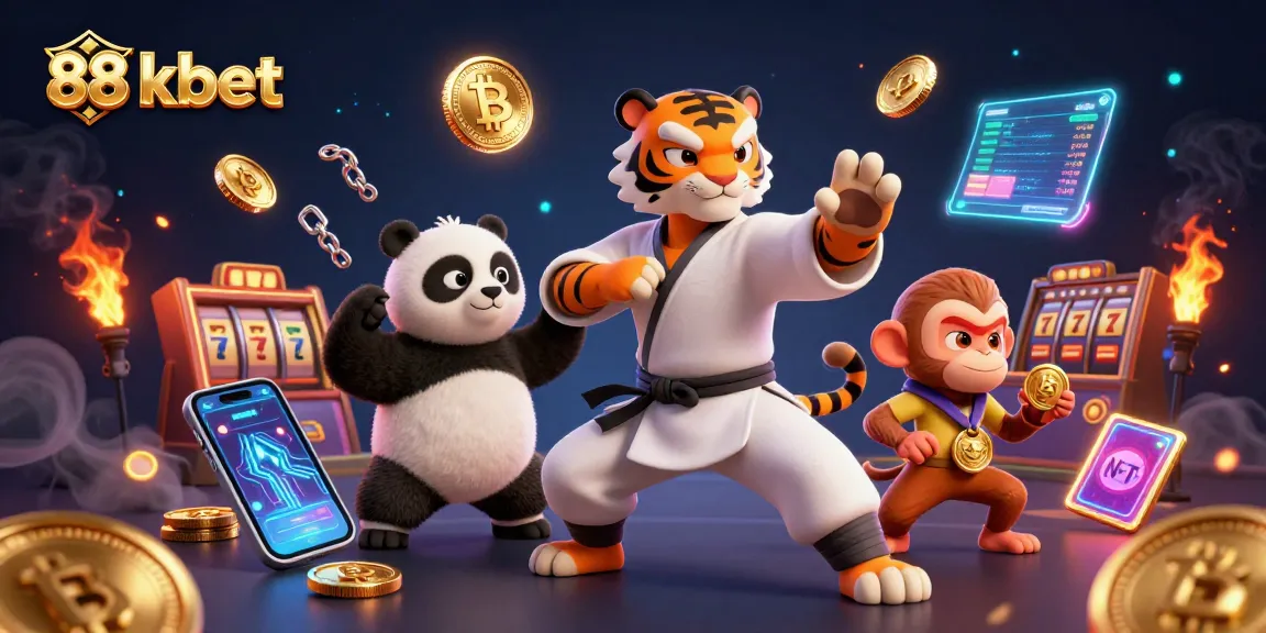 Engage with 88 kbet through an exciting casino scene featuring a kung fu tiger master, panda disciple, and a monkey student amidst dynamic gambling elements.