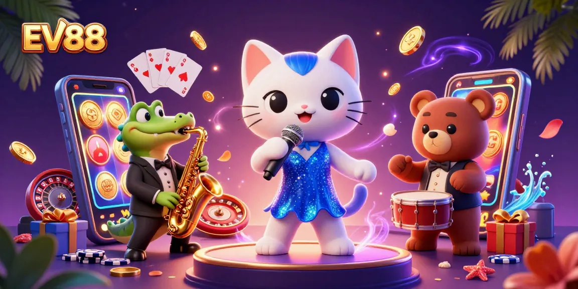 EV88 gamers enjoying vibrant slot game action, surrounded by lively casino characters