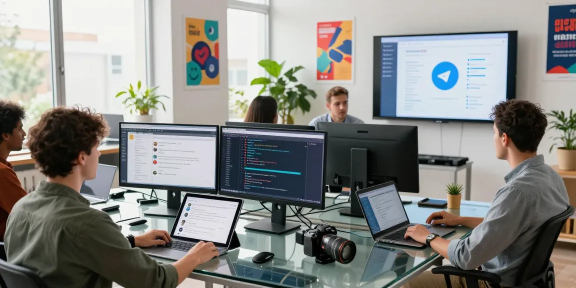 Collaborative workspace showcasing tech professionals working on telegram官网 projects, displaying monitors with chat interfaces and coding.
