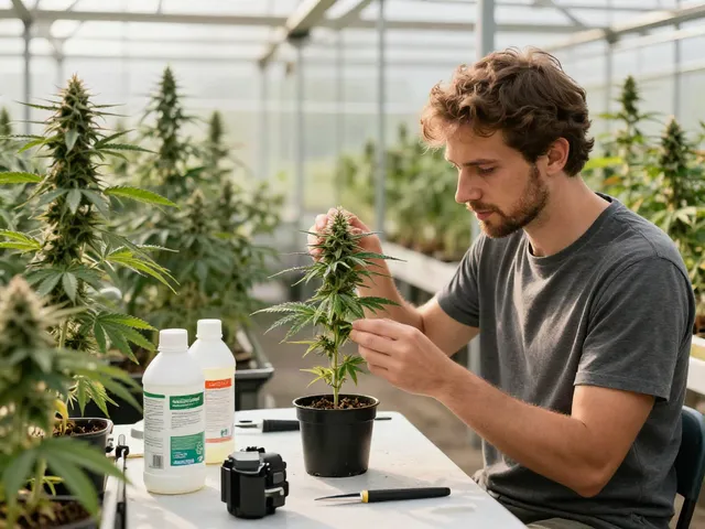 Explore triploid seed genetics through a dedicated grower examining cannabis seedlings in a bright greenhouse.