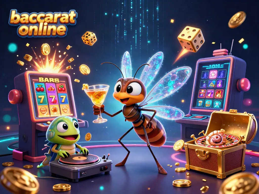 Experience baccarat online with a vibrant casino scene featuring a frozen mosquito mascot and more!