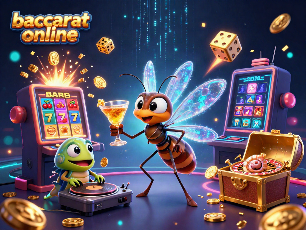 Experience baccarat online with a vibrant casino scene featuring a frozen mosquito mascot and more!