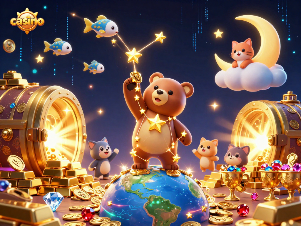 Engaging casino scene with constellation bear, treasure vault, and shooting star fish characters.