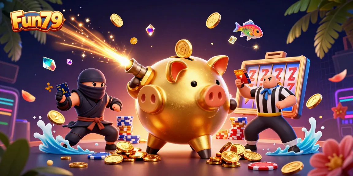 Engage in thrilling fishing games with Fun79 featuring colorful elements like gold coins and fish in a dynamic 3D scene.
