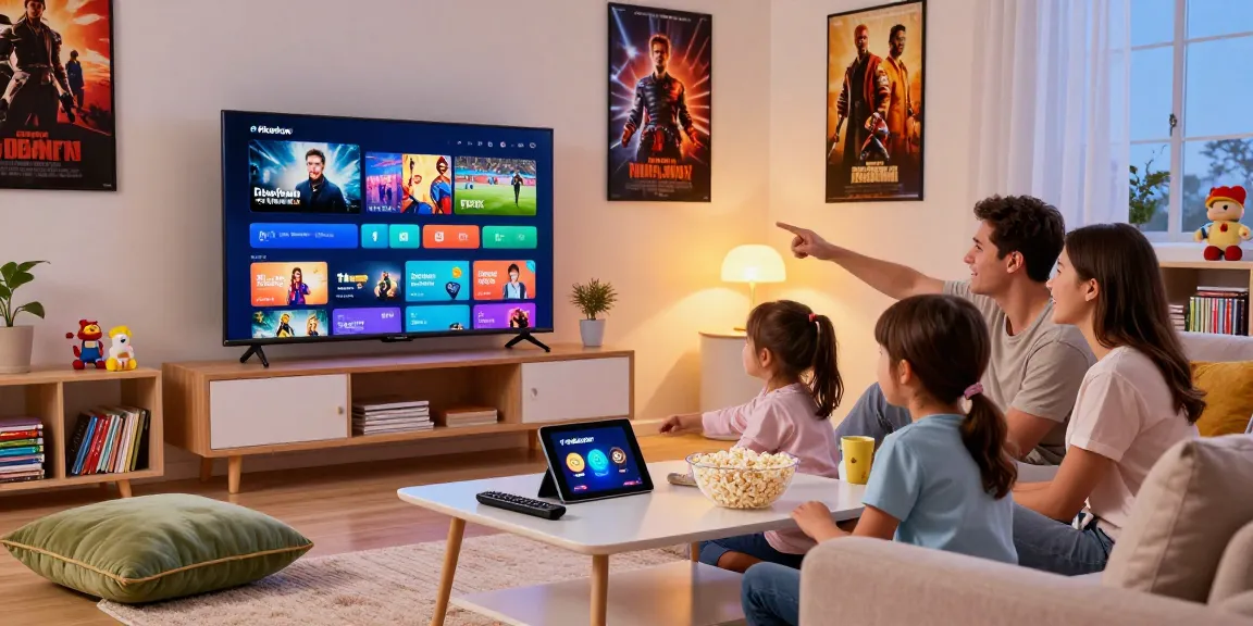Pikashow app movie night scene with family streaming on smart TV, popcorn and cozy atmosphere.