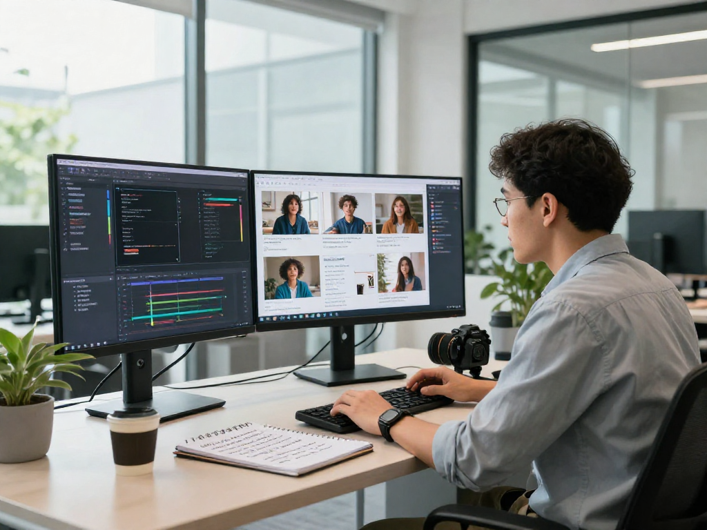 Detect AI images in a modern workspace with tech professional analyzing AI-generated content.