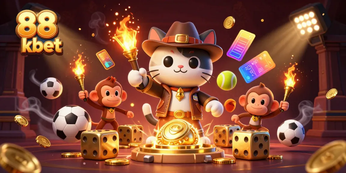 Experience captivating gaming with 88 kbet as a cartoon cat discovers golden casino treasures.