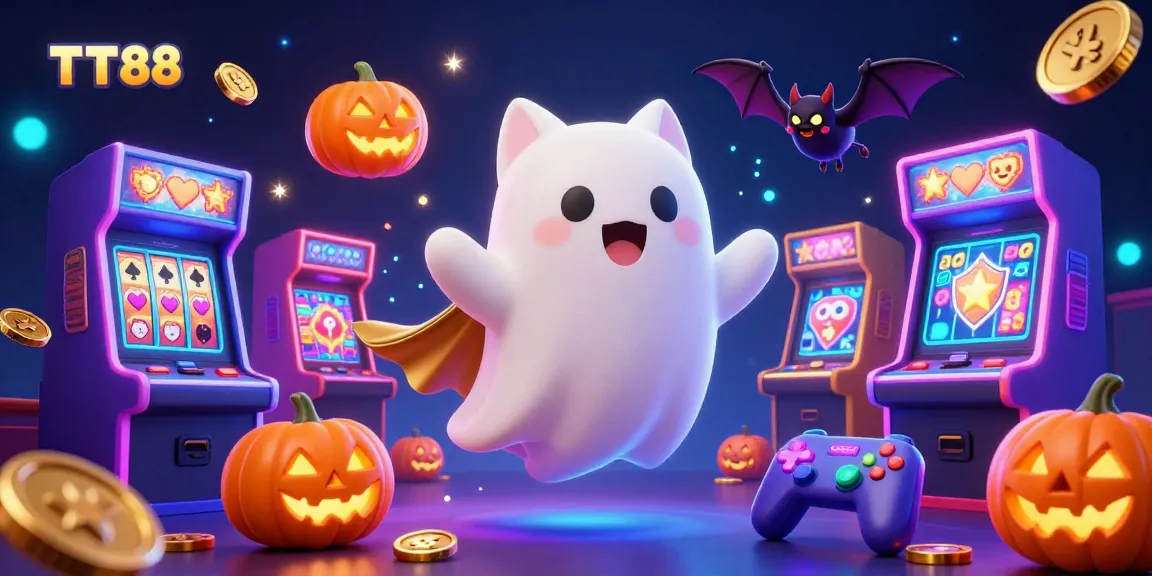Engage in thrilling fun with TT88, as cartoon characters explore a lively casino filled with vibrant games and glowing symbols.