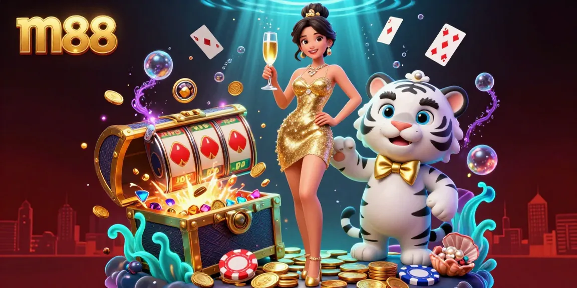 Win big at m88 with a glamorous scene featuring a lucky woman and a playful tiger surrounded by vibrant casino elements.