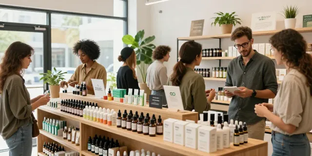 Customers engaging and exploring diverse CBD products while shopping at a modern store, highlighting the excitement of CBD kaufen.
