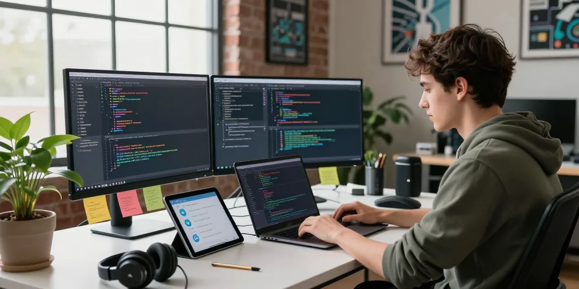 Developer coding on multiple screens in a modern workspace featuring telegram官网 interface and tech gadgets.