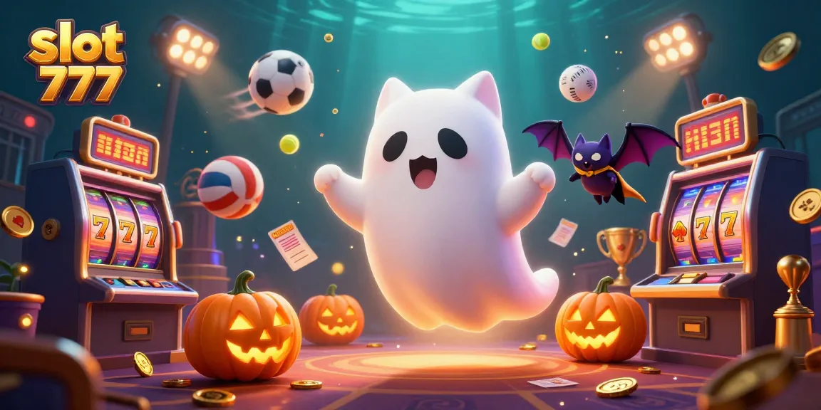 Experience the thrill of slot 777 with a ghost cat and lucky symbols in a vibrant casino scene