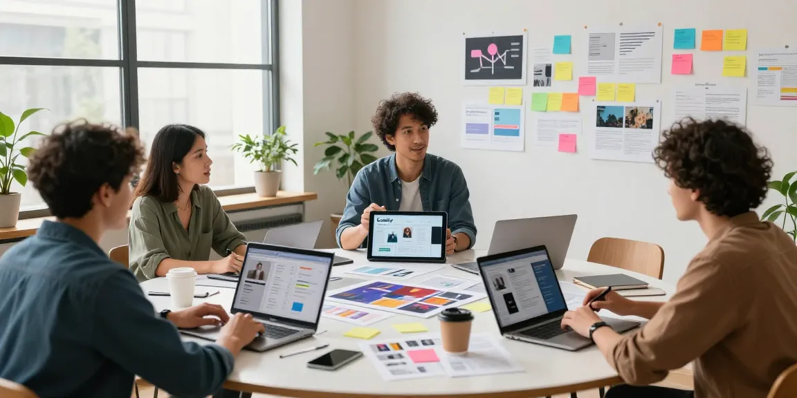 Team collaborating using mixboard ai on a modern workspace with digital moodboards.